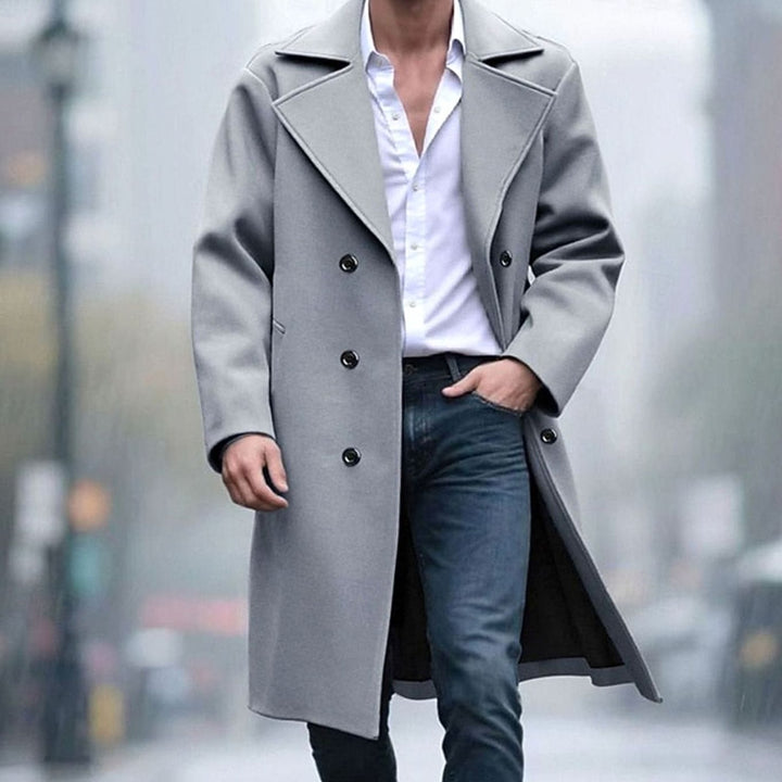 Men's Double-Breasted Tailored Long Wool Overcoat - Light Gray