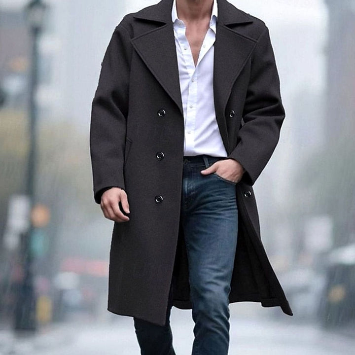 Men's Double-Breasted Tailored Long Wool Overcoat - Black