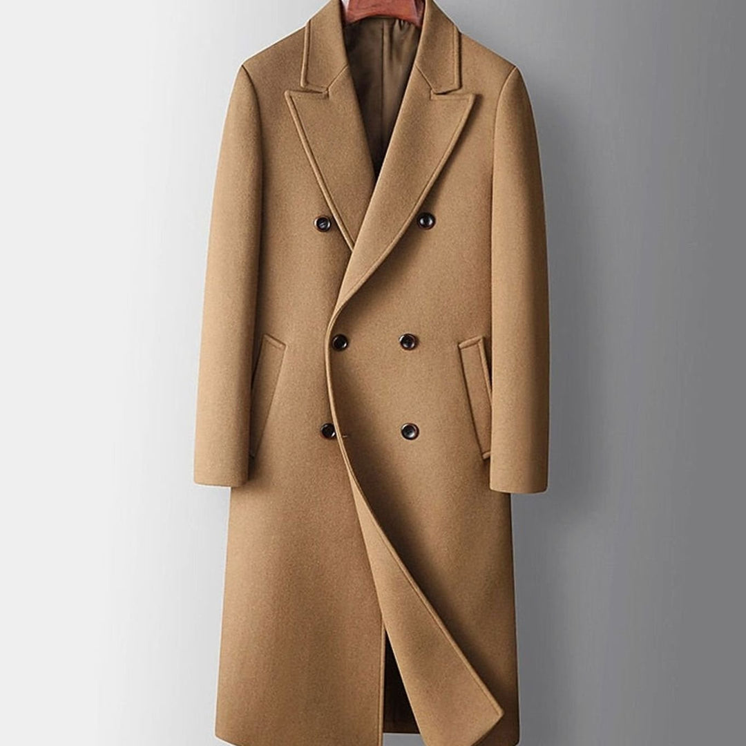 Men's Double-Breasted Wool Coat Long Tailored Overcoat - Khaki