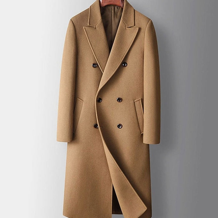 Men's Double-Breasted Wool Coat Long Tailored Overcoat - Khaki