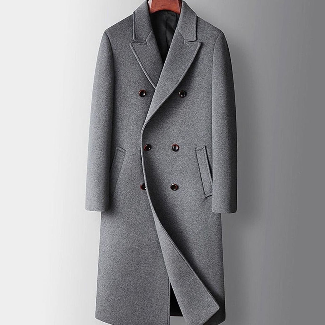 Men's Double-Breasted Wool Coat Long Tailored Overcoat - Gray