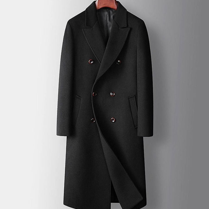 Men's Double-Breasted Wool Coat Long Tailored Overcoat - Black