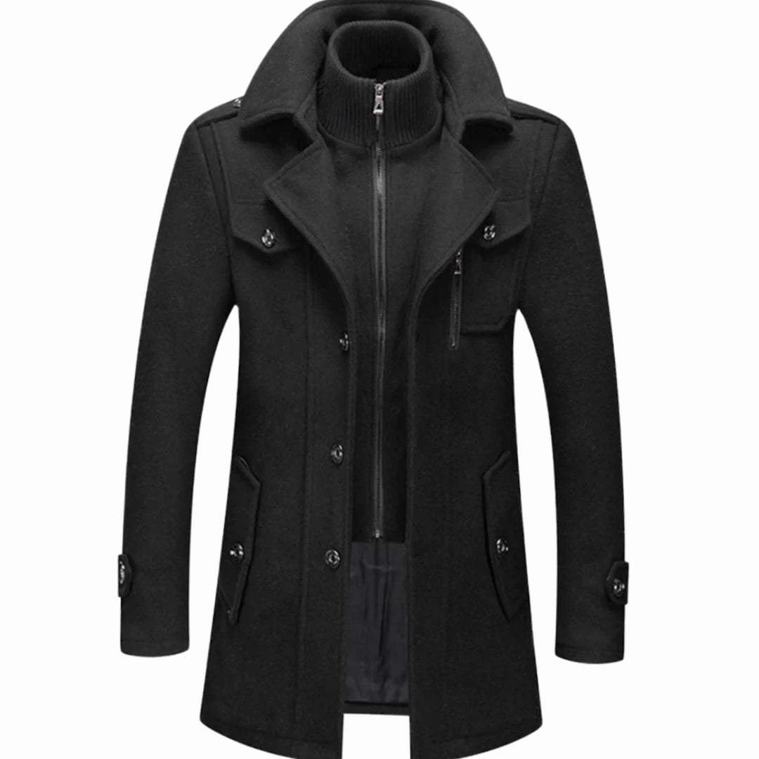 Men's Double-Layer Wool-Blend Long Coat Structured Overcoat - Black