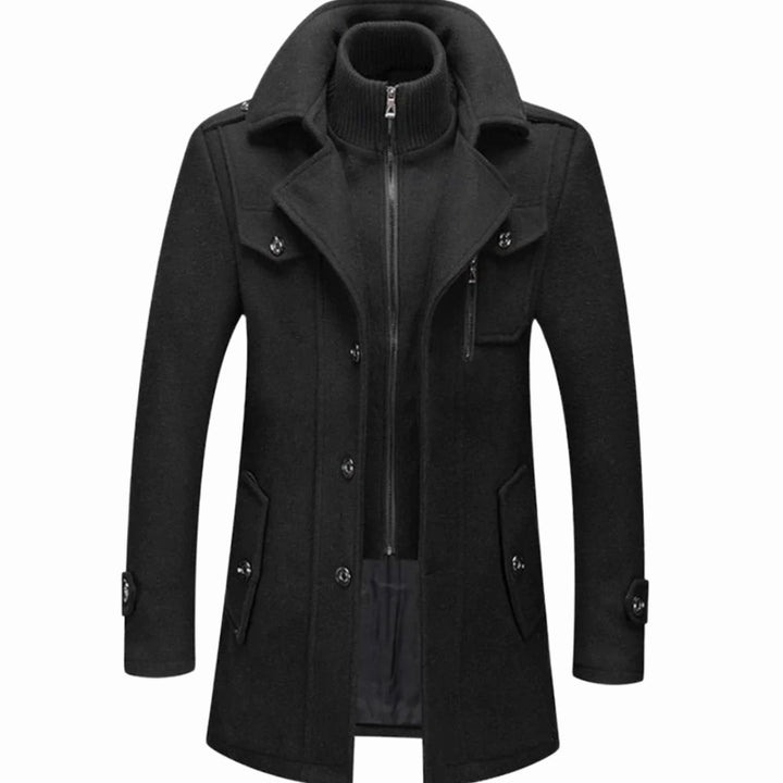 Men's Double-Layer Wool-Blend Long Coat Structured Overcoat - Black