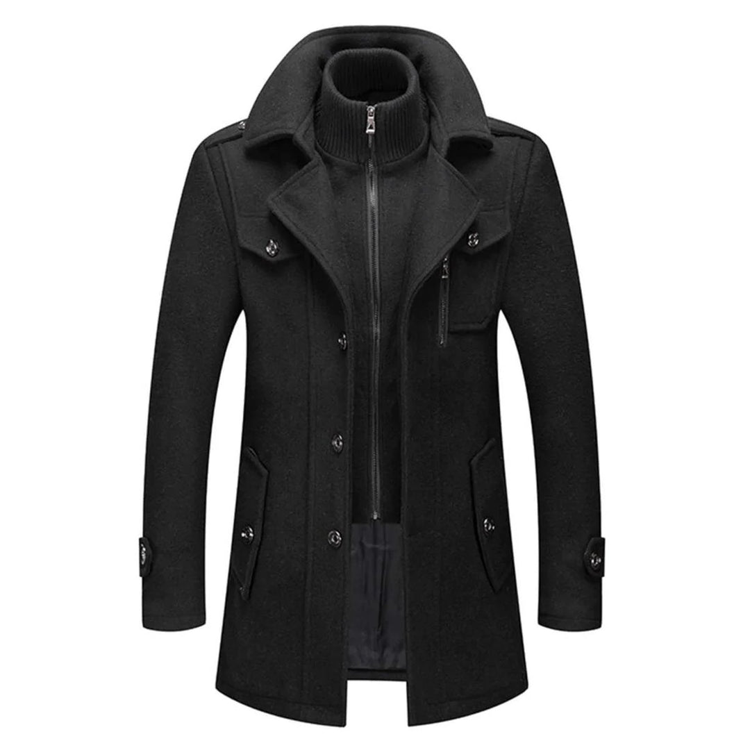 Men's Double-Layer Wool Blend Overcoat Knit-Collar Winter Coat - Black