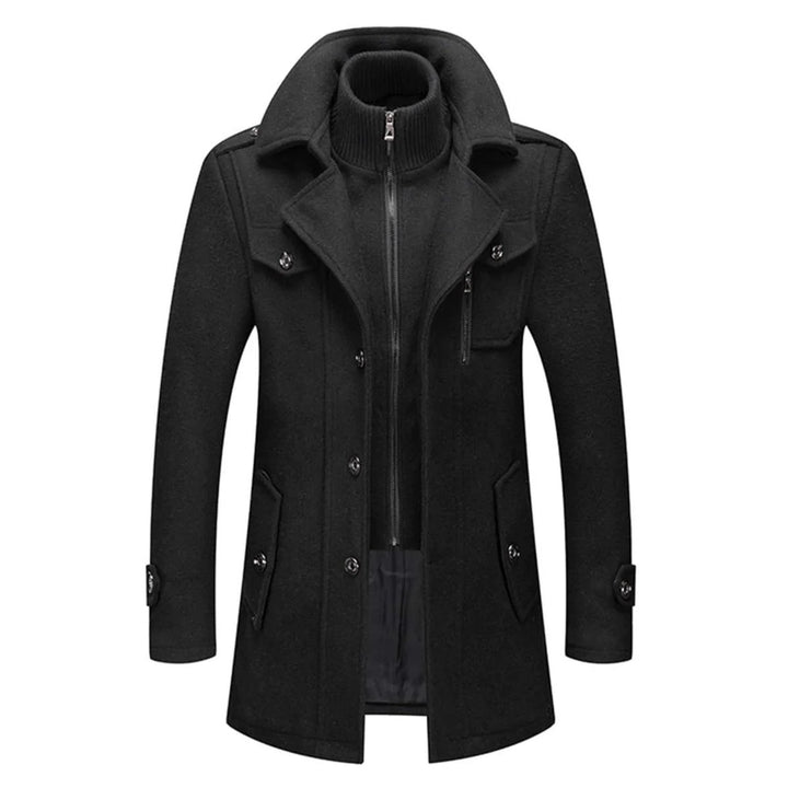 Men's Double-Layer Wool Blend Overcoat Knit-Collar Winter Coat - Black