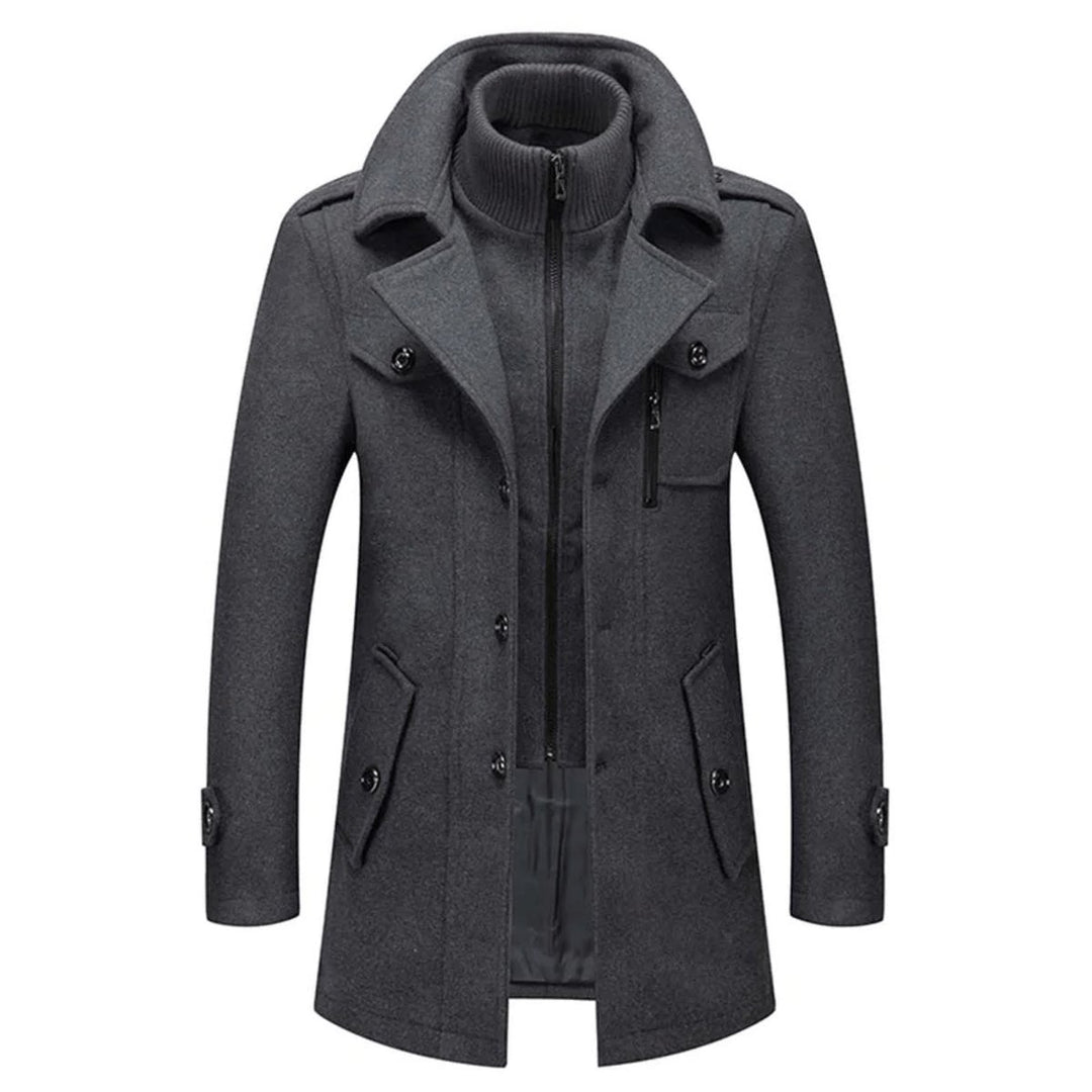 Men's Double-Layer Wool Blend Overcoat Knit-Collar Winter Coat - Gray