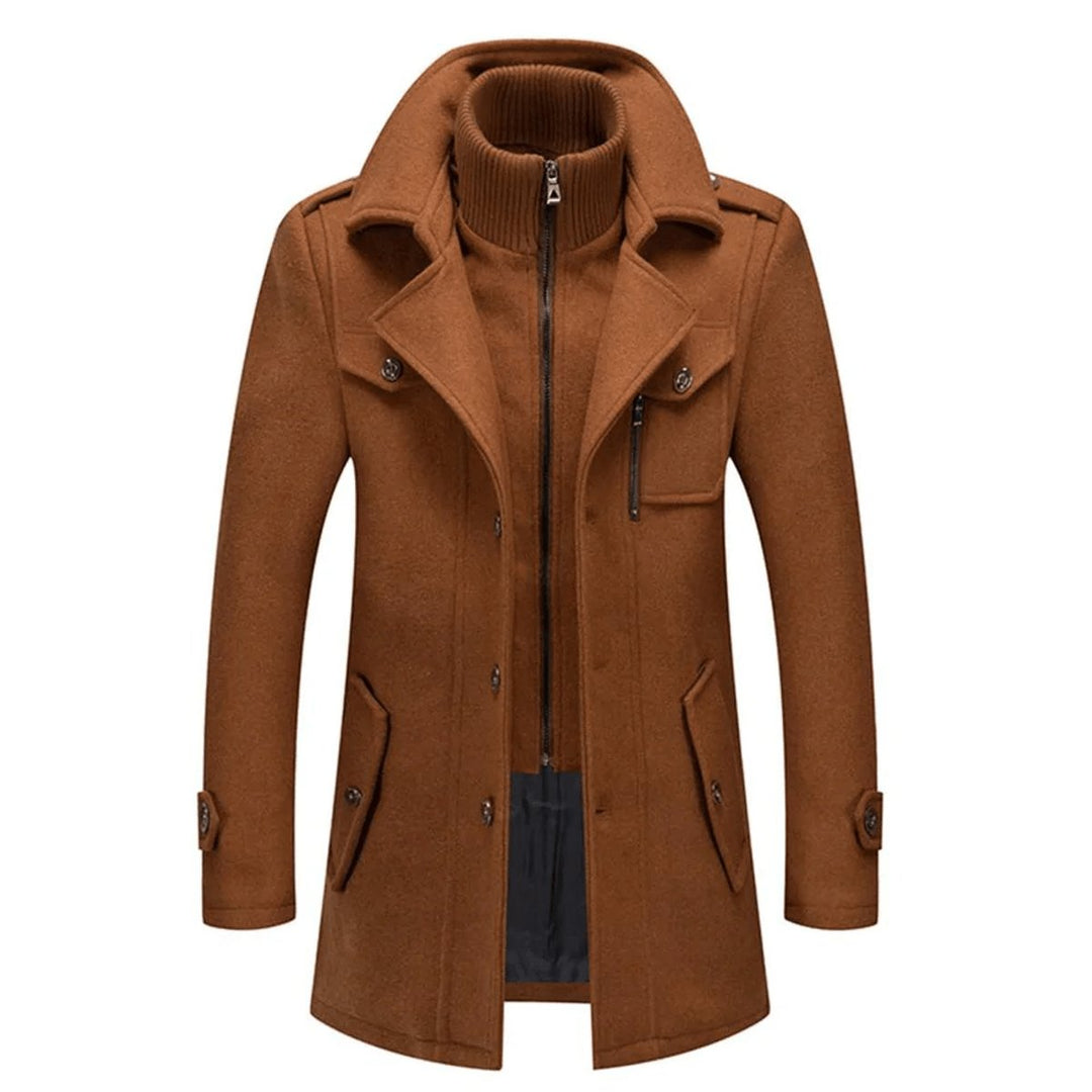 Men's Double-Layer Wool Blend Overcoat Knit-Collar Winter Coat - Brown