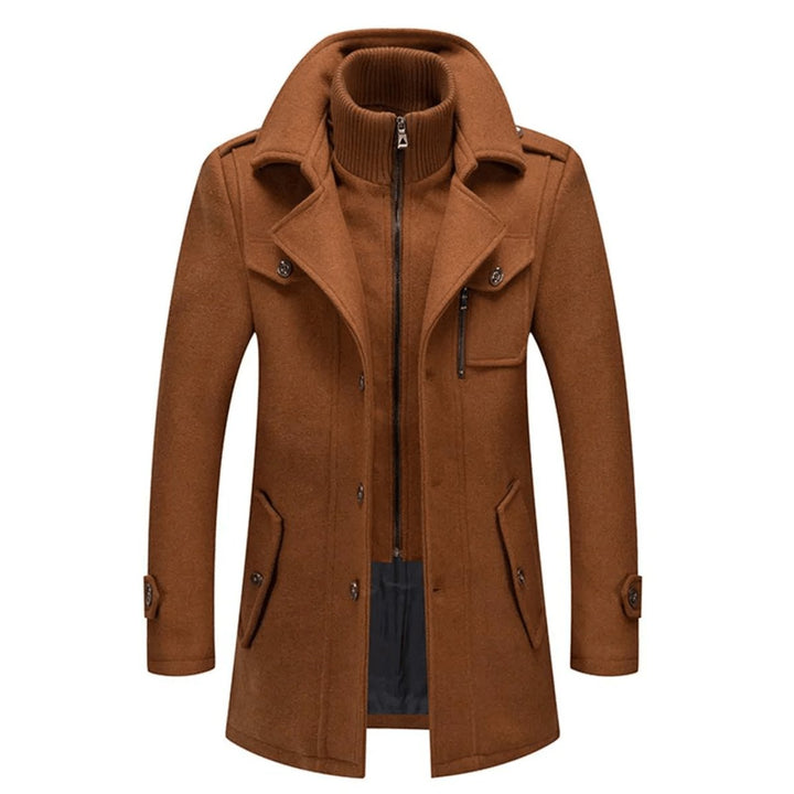 Men's Double-Layer Wool Blend Overcoat Knit-Collar Winter Coat - Brown