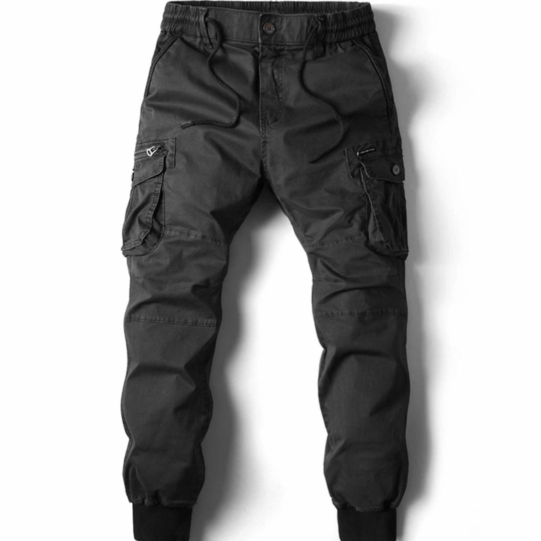 Men's Elastic Waist Cargo Jogger Pants Ribbed-Cuff Tapered Fit - Black