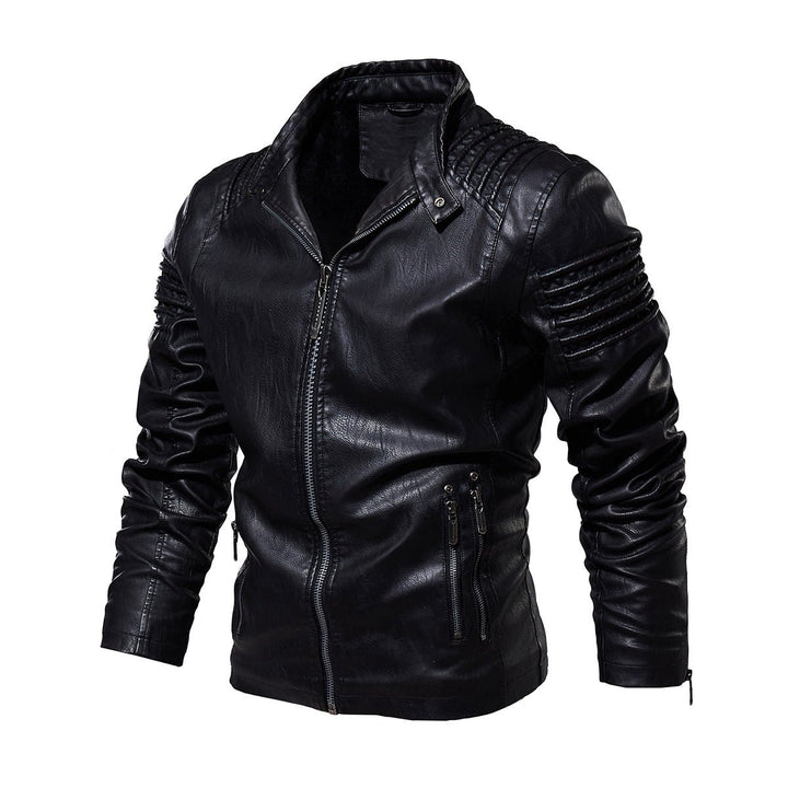 Men's Faux Leather Moto Jacket Structured Shoulder Zip-Up - Black