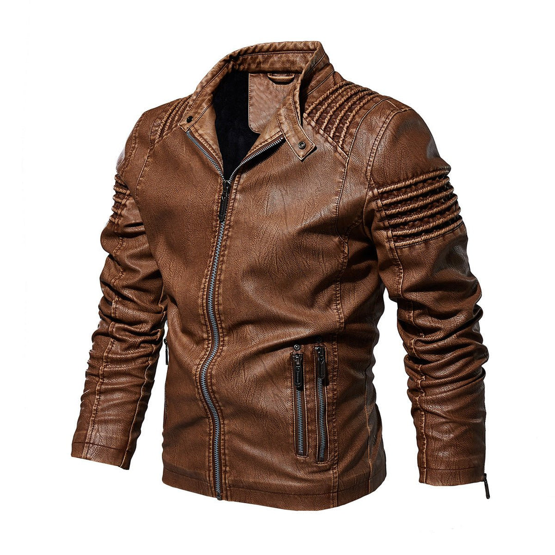 Men's Faux Leather Moto Jacket Structured Shoulder Zip-Up - Khaki