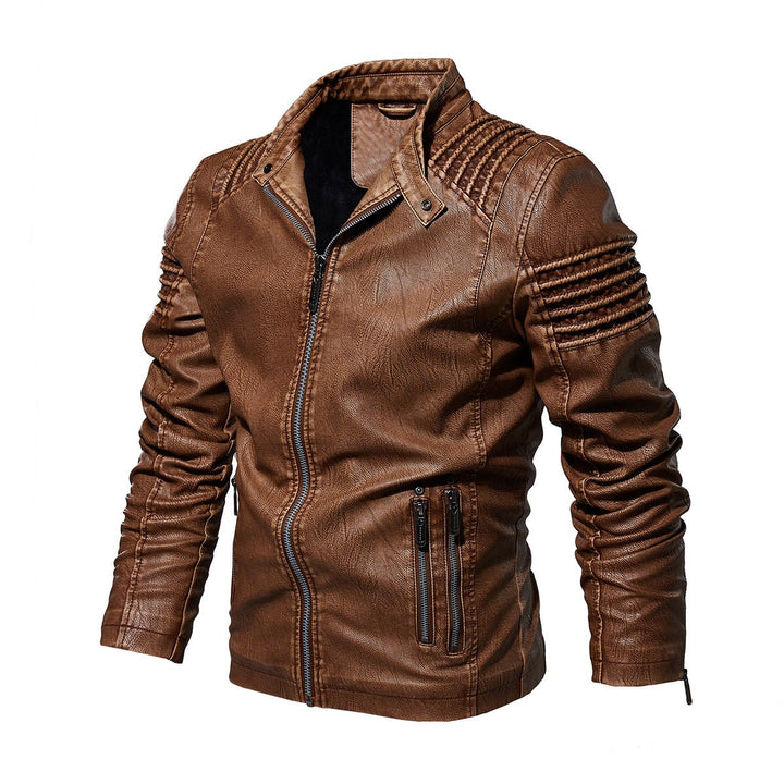 Men's Faux Leather Moto Jacket Structured Shoulder Zip-Up - Khaki