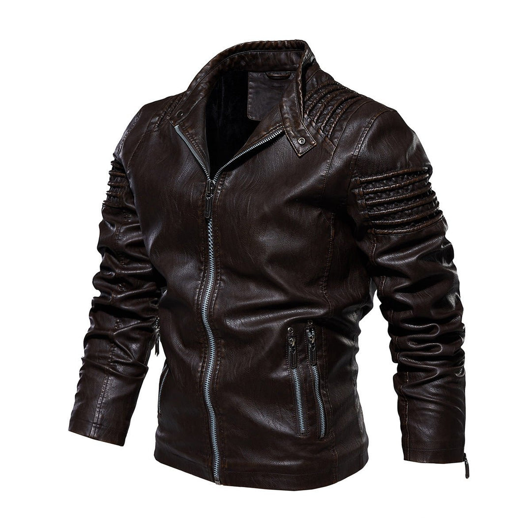 Men's Faux Leather Moto Jacket Structured Shoulder Zip-Up - Brown