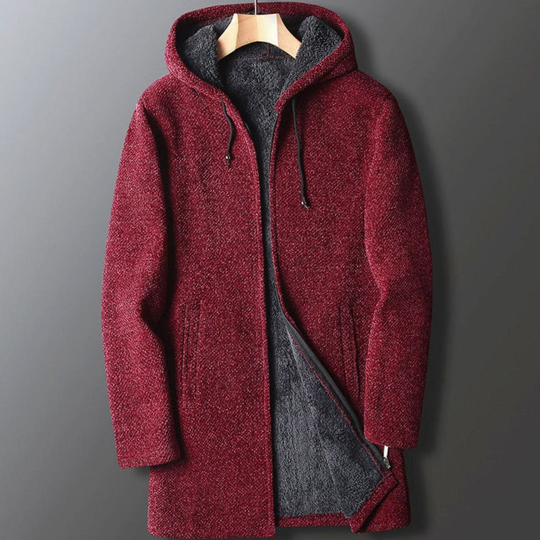 Men's Fleece-Lined Full-Length Drawstring Hooded Coat - Red