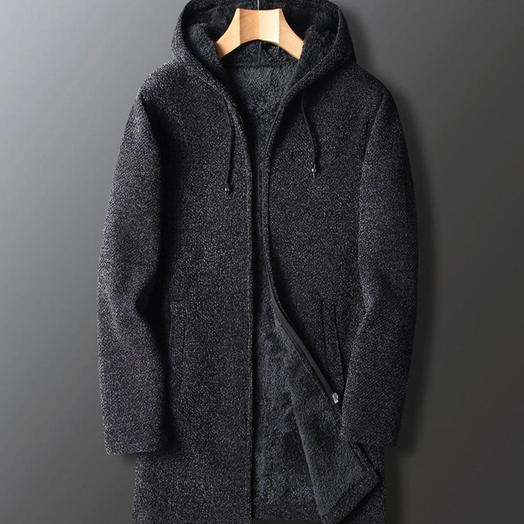 Men's Fleece-Lined Full-Length Drawstring Hooded Coat - Dark Grey