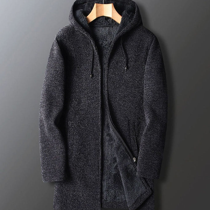 Men's Fleece-Lined Full-Length Drawstring Hooded Coat - Dark Grey