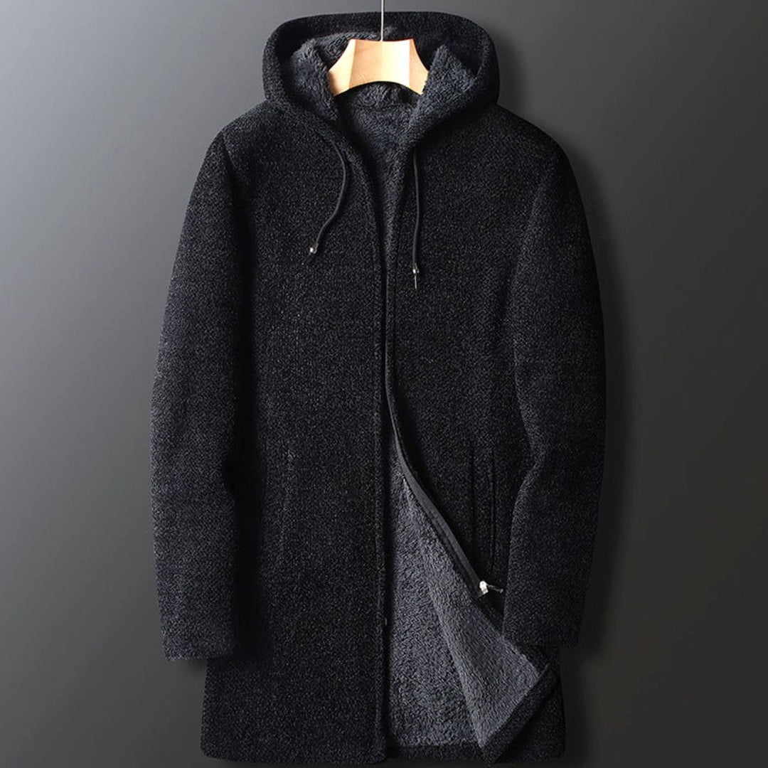 Men's Fleece-Lined Full-Length Drawstring Hooded Coat - Black