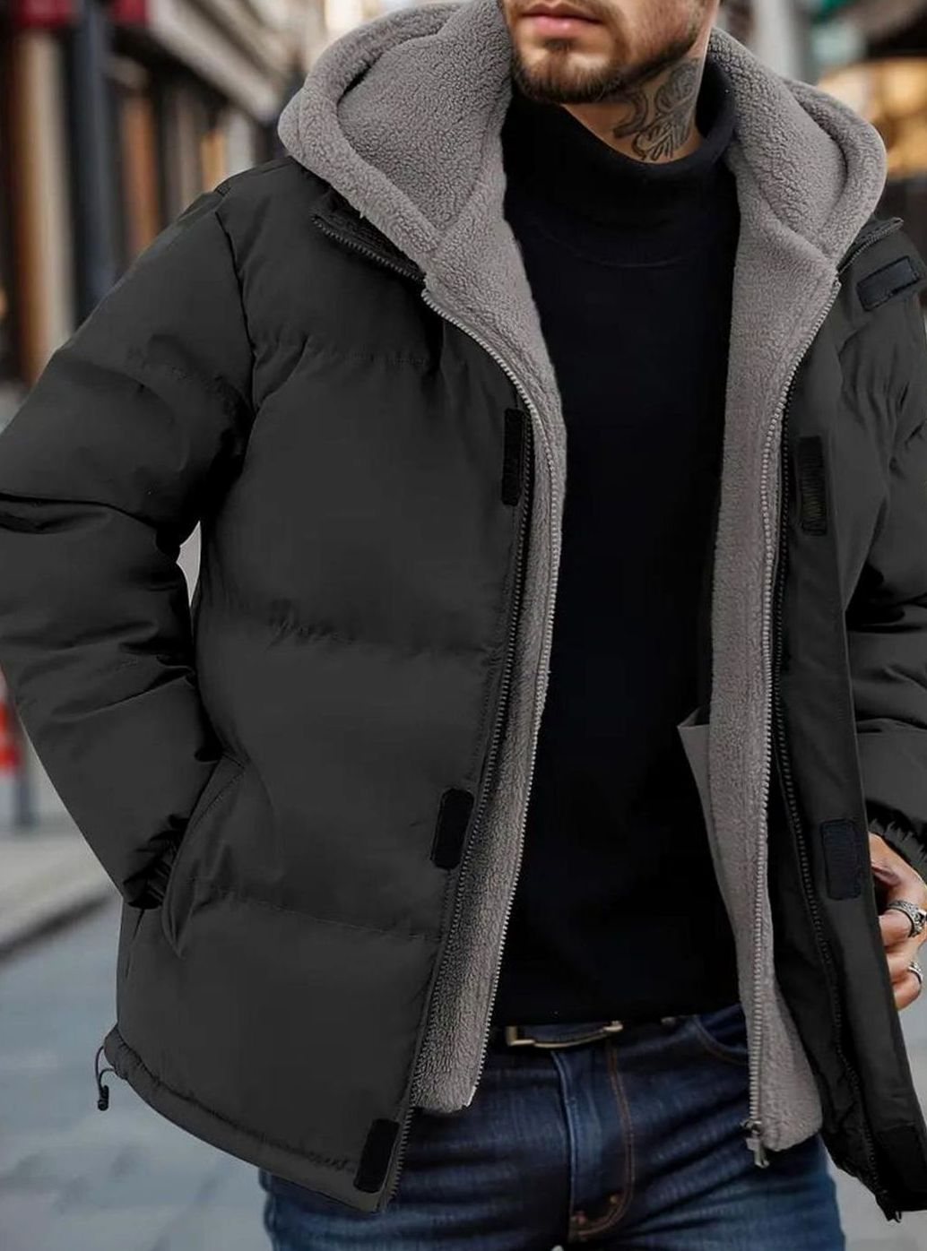 Men's Fleece-Lined Hooded Puffer Street Style Jacket - Black