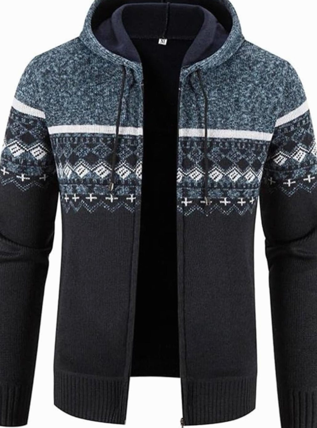Men's Fleece-Lined Hooded Zip Front Cardigan Sweater - Blue Black