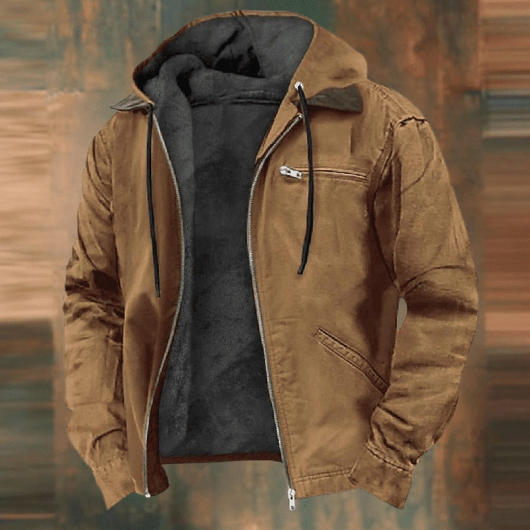 Men's Fleece-Lined Zip-Up Hooded Jacket Casual Outerwear - Brown