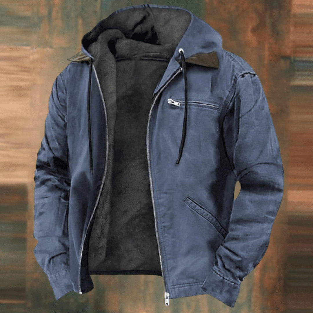 Men's Fleece-Lined Zip-Up Hooded Jacket Casual Outerwear - Blue
