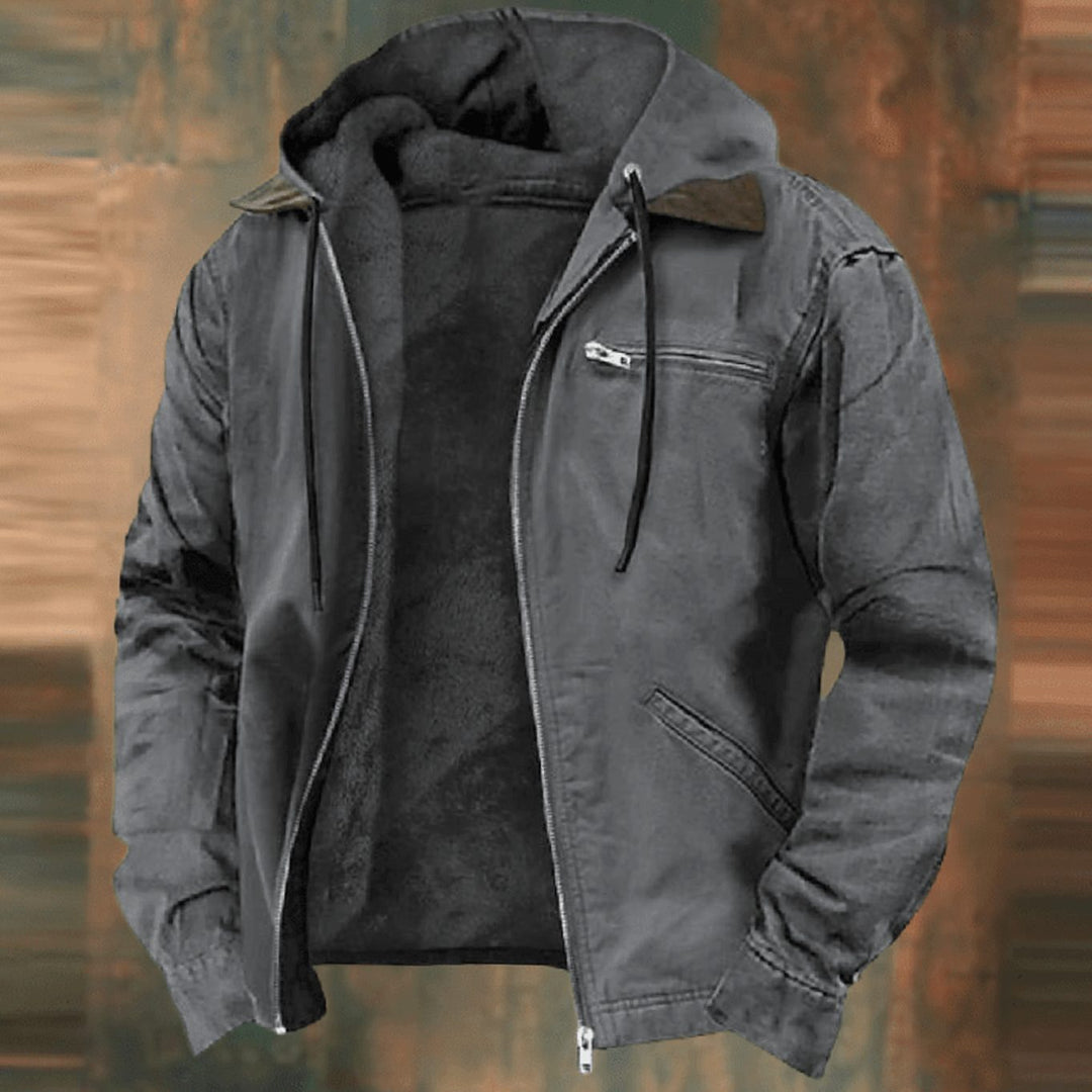 Men's Fleece-Lined Zip-Up Hooded Jacket Casual Outerwear - Gray
