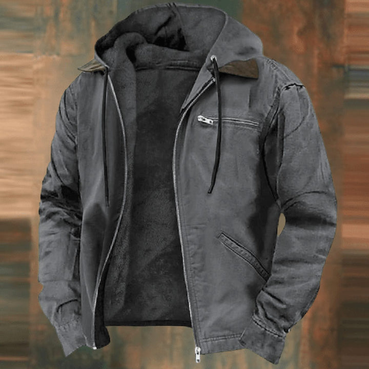 Men's Fleece-Lined Zip-Up Hooded Jacket Casual Outerwear - Gray