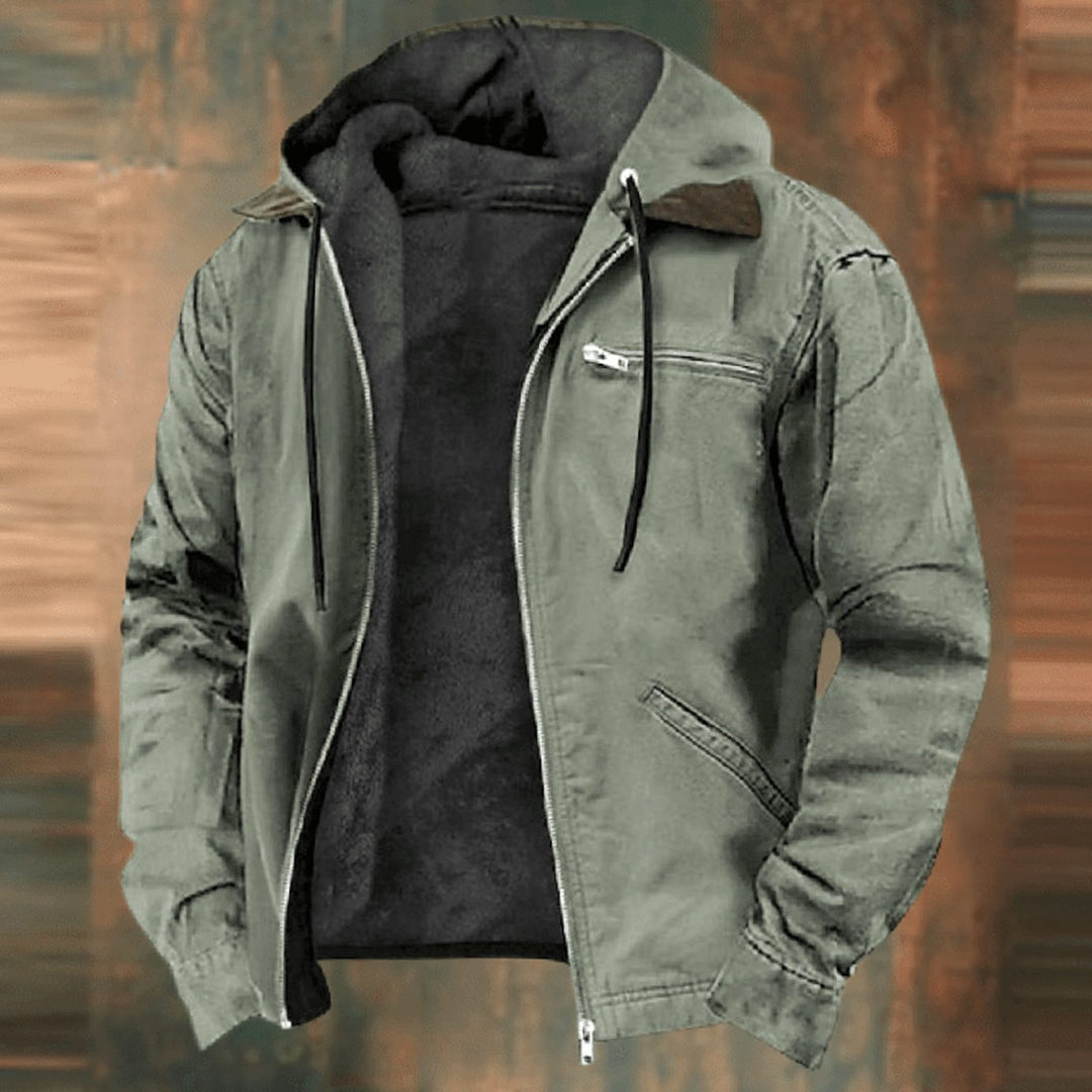 Men's Fleece-Lined Zip-Up Hooded Jacket Casual Outerwear - Green