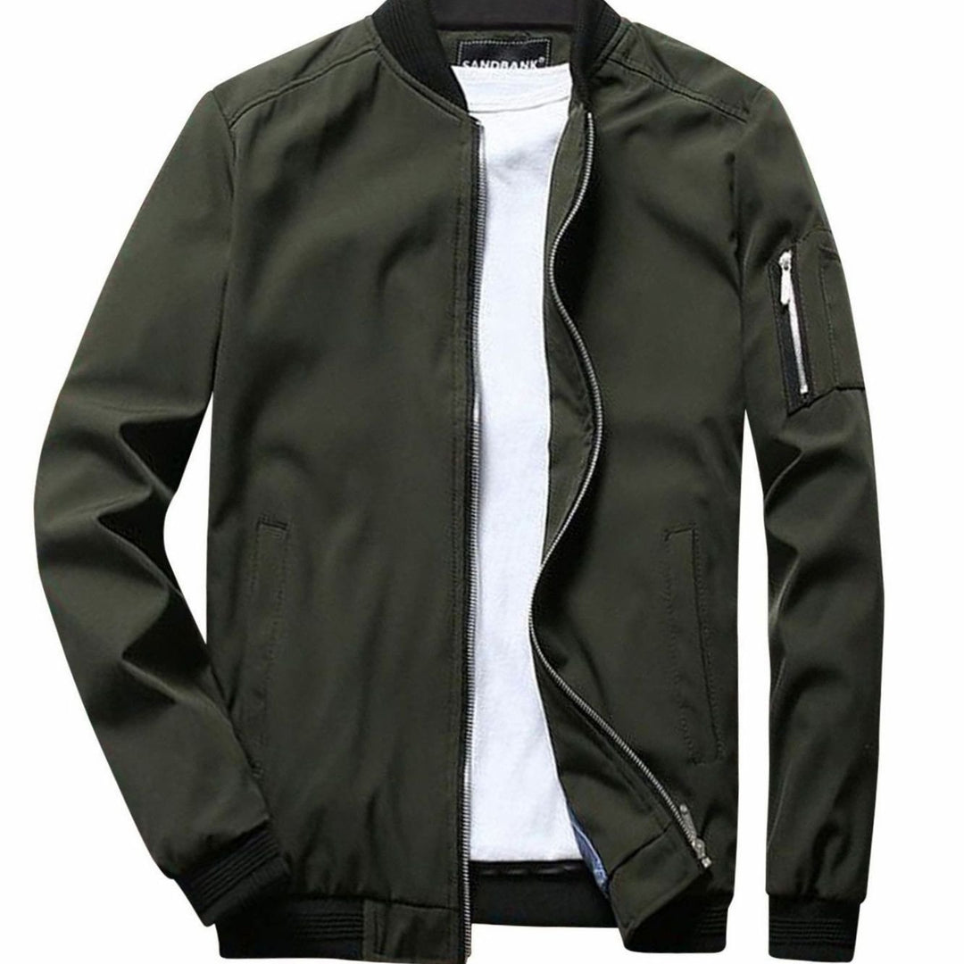 Men's Full-Zip Bomber Front Jacket Ribbed-Collar Lightweight - Army Green