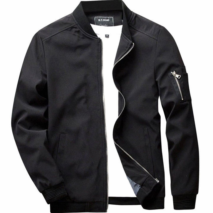 Men's Full-Zip Bomber Front Jacket Ribbed-Collar Lightweight - Black