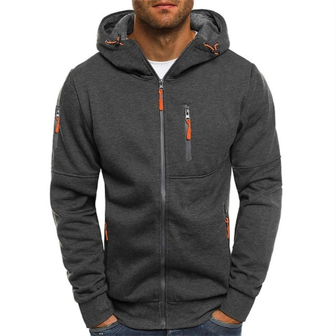 Men's Full-Zip Hooded Knit Sweater Drawstring Pullover - Dark Gray