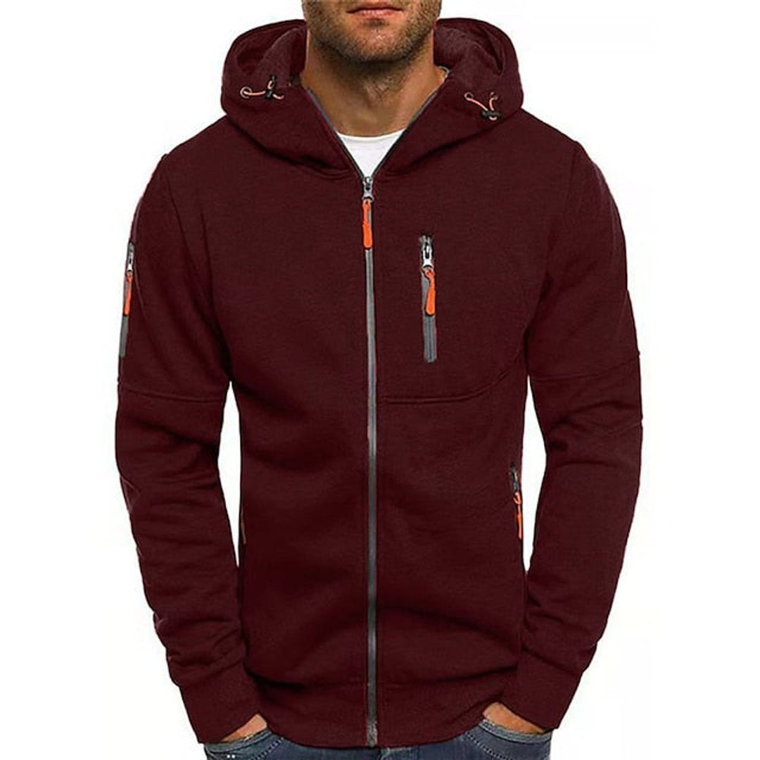 Men's Full-Zip Hooded Knit Sweater Drawstring Pullover - Wine Red