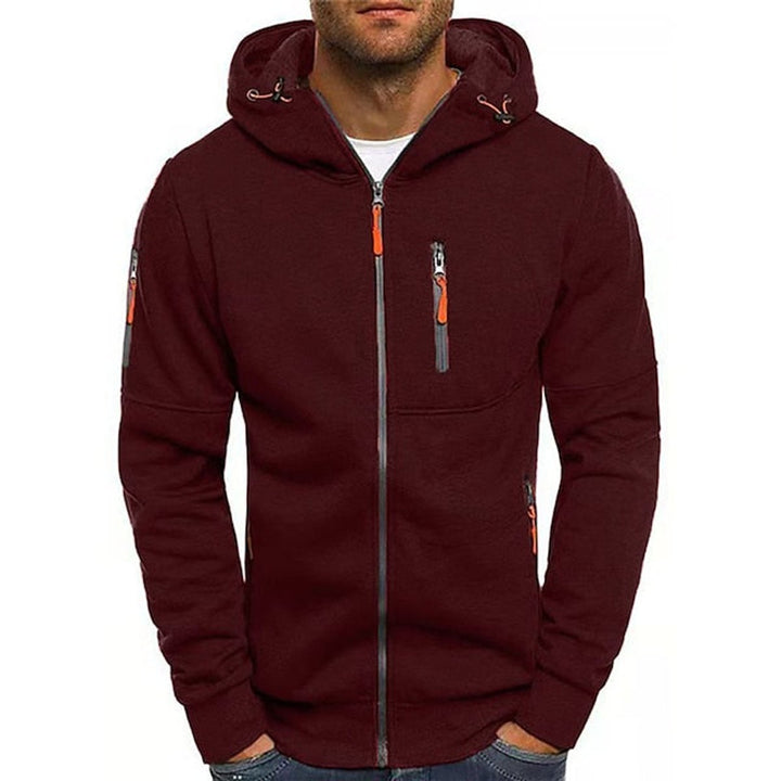 Men's Full-Zip Hooded Knit Sweater Drawstring Pullover - Wine Red