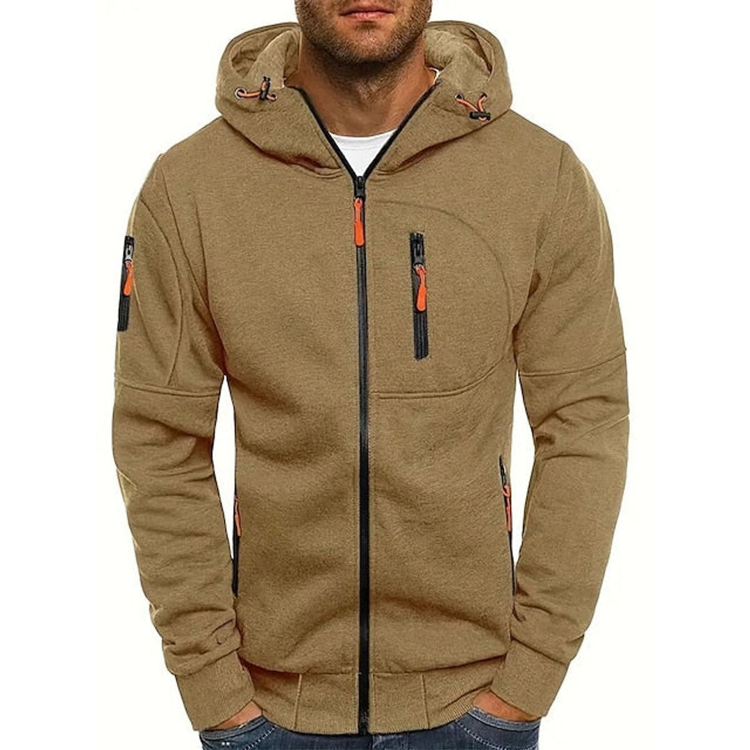 Men's Full-Zip Hooded Knit Sweater Drawstring Pullover - Khaki