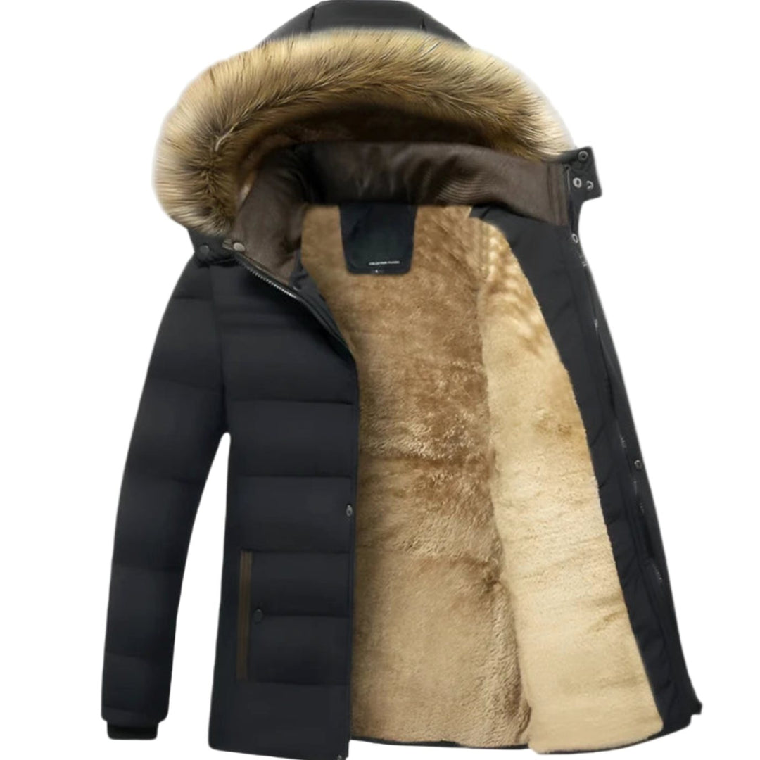 Men's Fur-Lined Hooded Puffer Winter Jackets Heavy-Duty Parka - Black