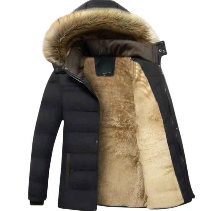 Men's Fur-Lined Hooded Puffer Winter Jackets Heavy-Duty Parka - Black