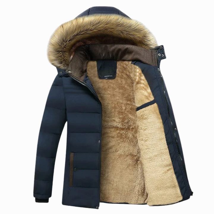 Men's Fur-Lined Hooded Puffer Winter Jackets Heavy-Duty Parka - Blue
