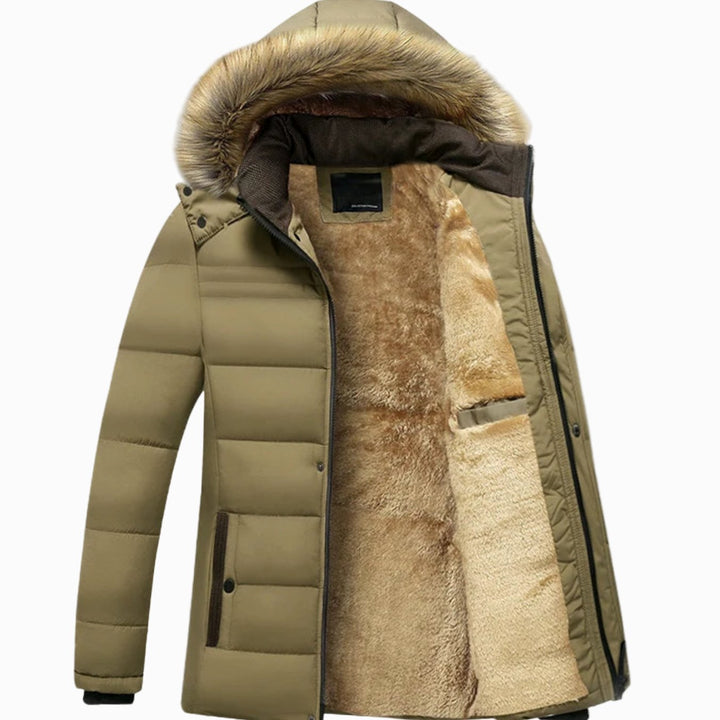 Men's Fur-Lined Hooded Puffer Winter Jackets Heavy-Duty Parka - Khaki