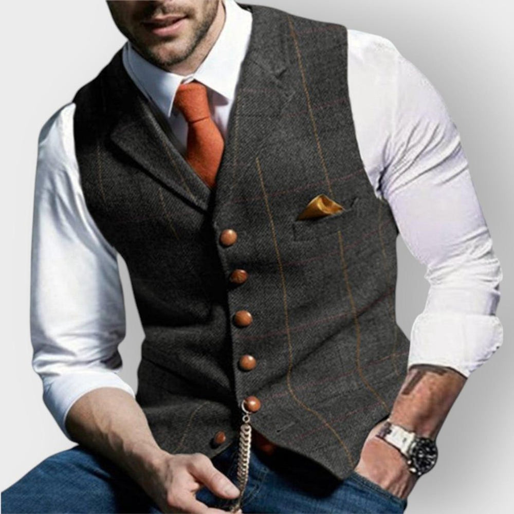 Mens Gilet Slim-Fit Tweed Button-Up Dress Vest - Dark Gray