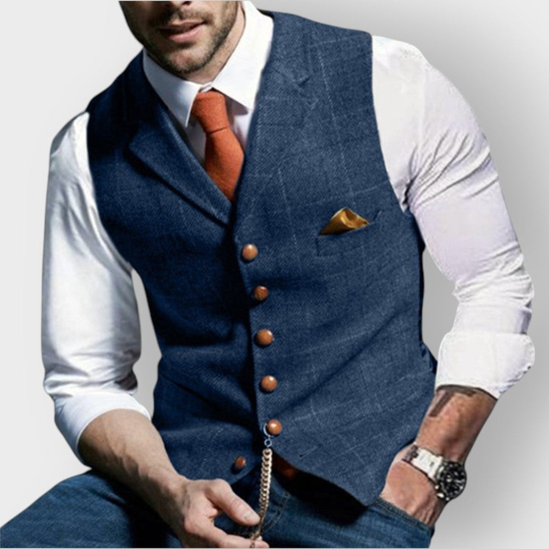 Mens Gilet Slim-Fit Tweed Button-Up Dress Vest - Blue