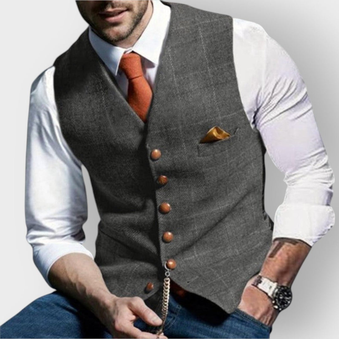 Mens Gilet Slim-Fit Tweed Button-Up Dress Vest - Light Gray