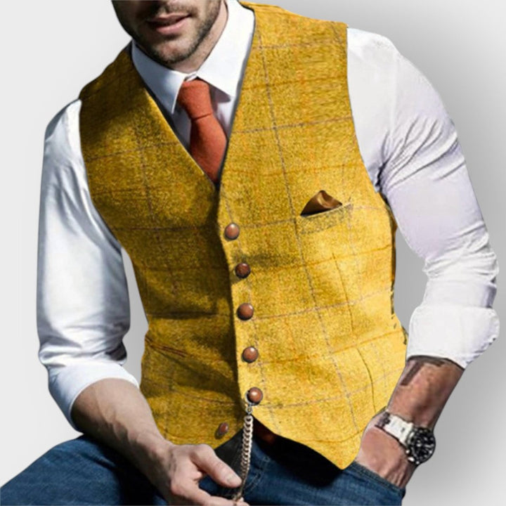 Mens Gilet Slim-Fit Tweed Button-Up Dress Vest - Yellow