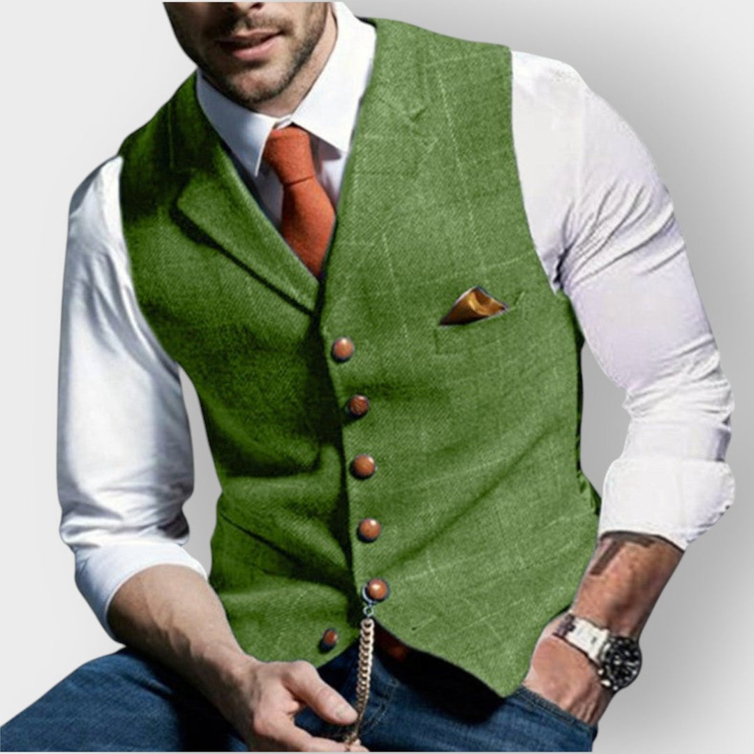 Mens Gilet Slim-Fit Tweed Button-Up Dress Vest - Green