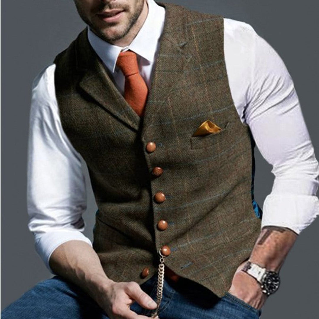 Mens Gilet Slim-Fit Tweed Button-Up Dress Vest - Brown