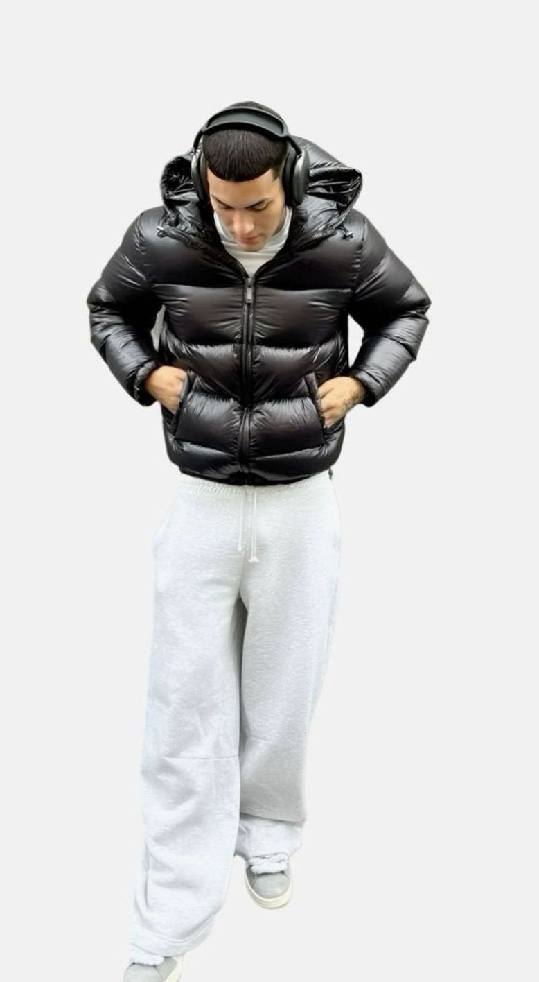 Men's Glossy Hooded Quilted Puffer Jacket - Black