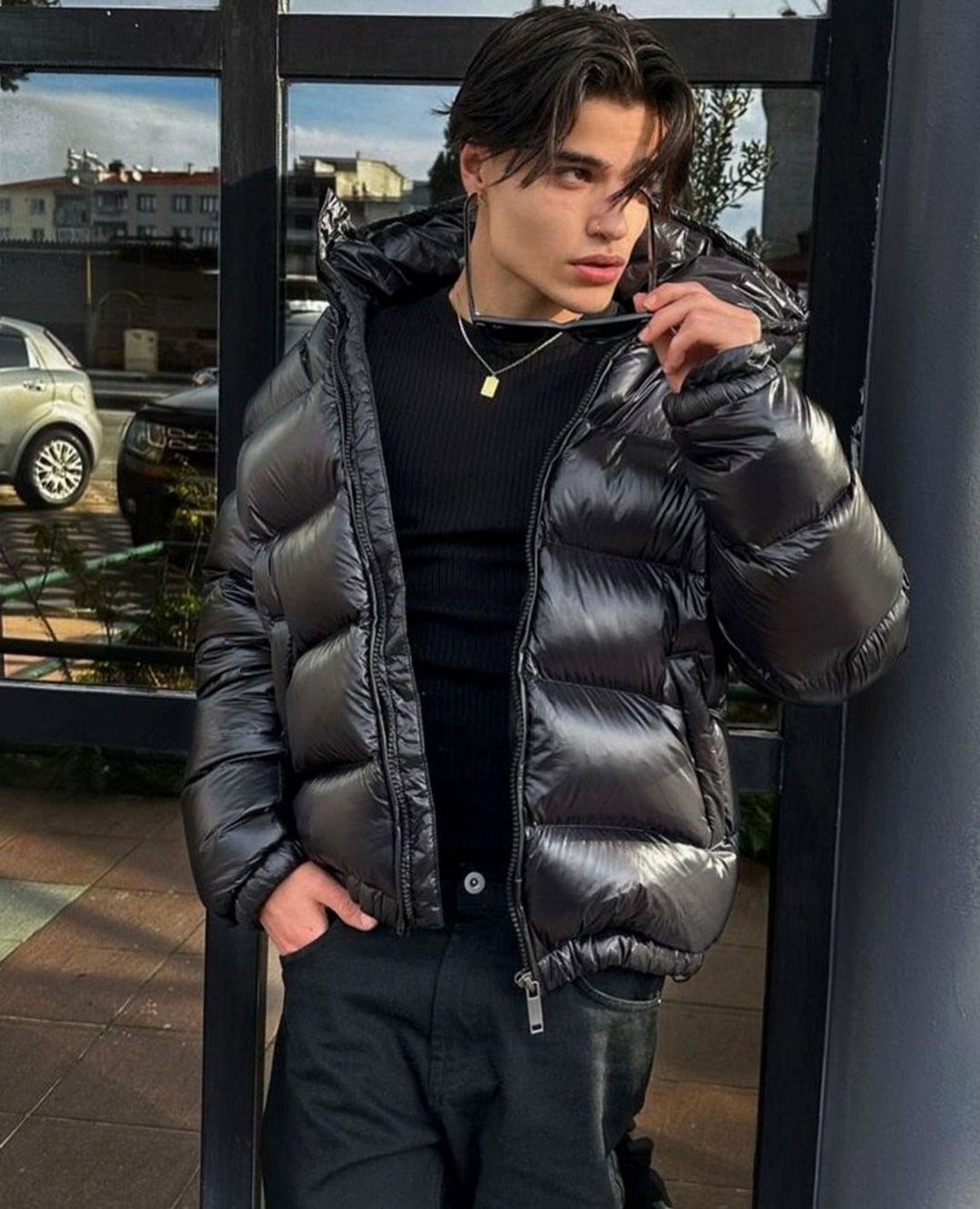 Men's Glossy Hooded Quilted Puffer Jacket