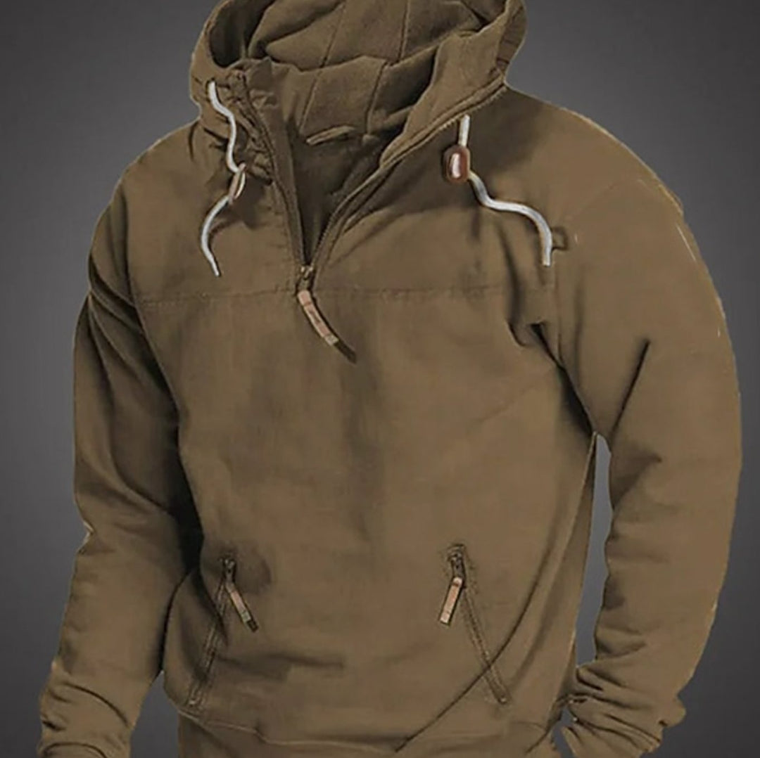 Men's Half-Zip Drawstring Hooded Long Sleeve Hoodie - Brown