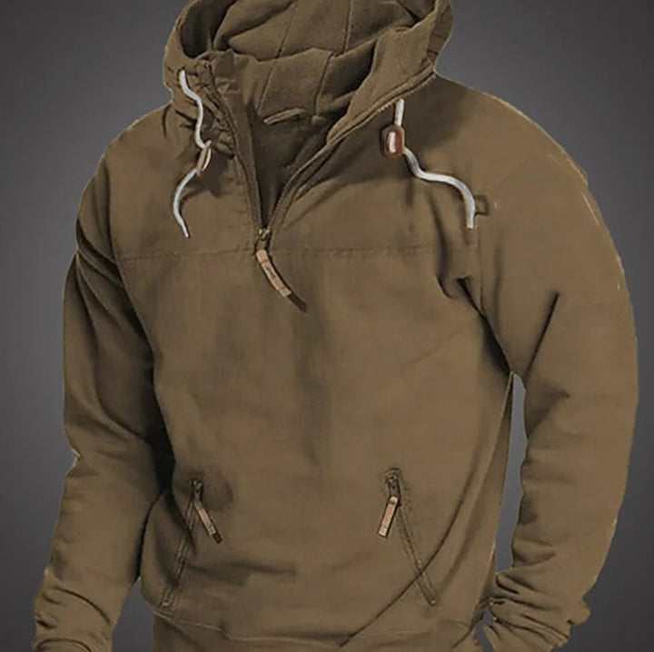 Men's Half-Zip Drawstring Hooded Long Sleeve Hoodie - Brown