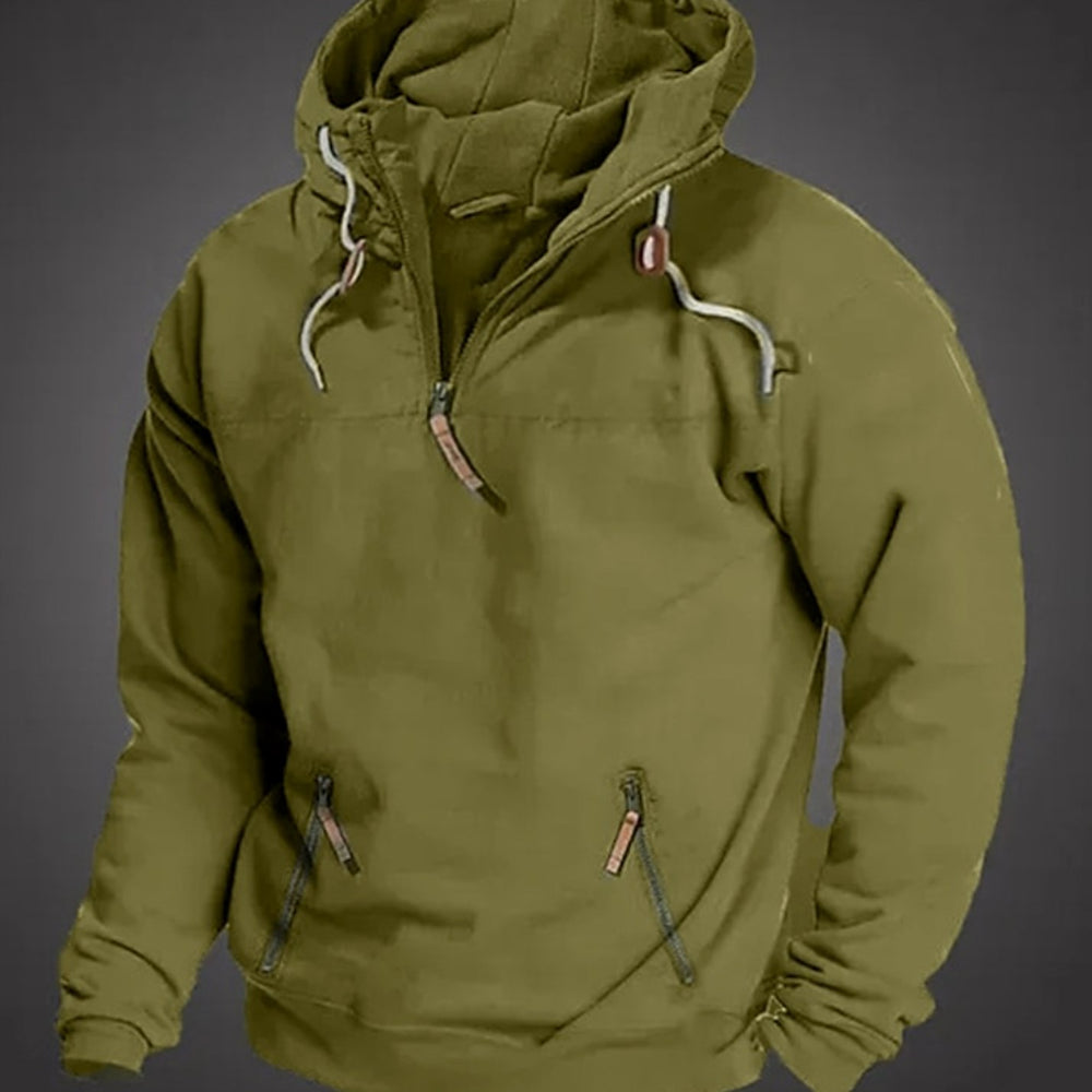 Men's Half-Zip Drawstring Hooded Long Sleeve Hoodie - Green